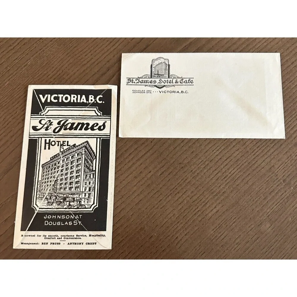 Pair of 2 Vintage HTF St. James Hotel Victoria B.C. Canada Envelopes Travel